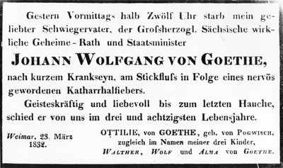 Avviso di morte di Johann Wolfgang von Goethe, 1832 da Johann Wolfgang von Goethe